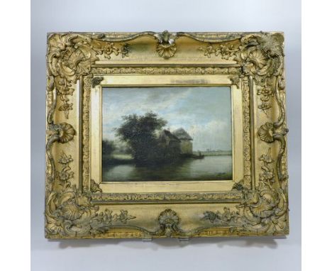 Manner of Van Goyen, river landscape with figures, oil on panel, 26 x 36cm