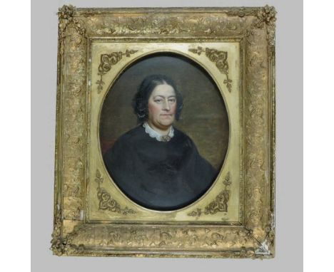 English School, 19th century, half length portrait of a lady, oil on canvas, oval, 38 x 29cm, in a gilt frame