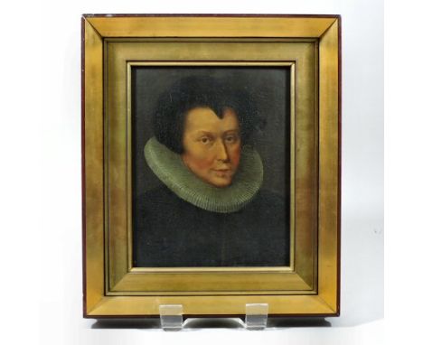 Flemish School, a bust length portrait of a lady wearing a black hat with a lace ruff, oil on panel, 25 x 19cm