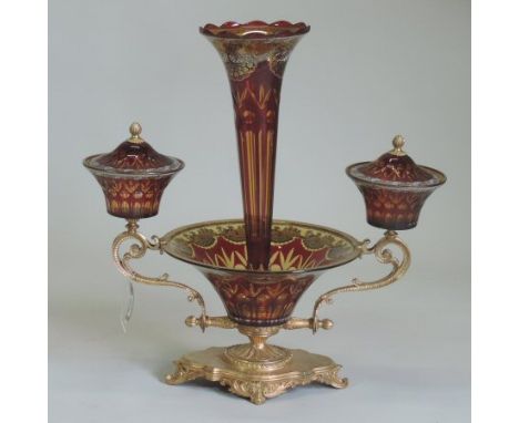 A Bohemian style ruby glass overlaid, gilt painted and gilt metal mounted centrepiece, 67cm tall