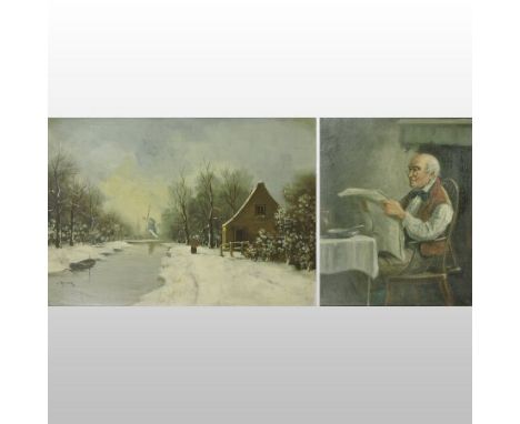W. Loming, Dutch, early 20th century, winter river landscape with windmill, signed oil on board, 34 x 48cm, together with A. 