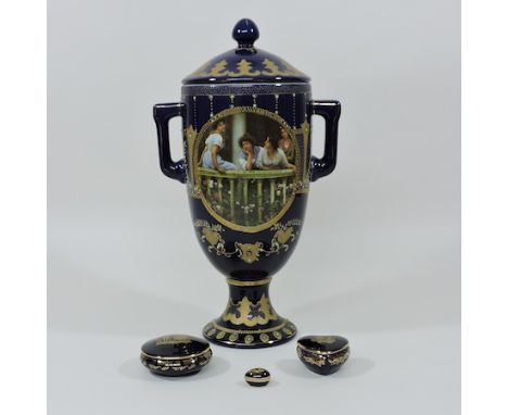 A Limoges blue glazed vase and cover, 37cm tall, together with three trinket jars