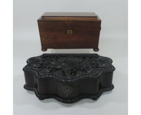A 19th century carved hardwood glove box, 37cm, together with a Regency rosewood tea caddy, 34cm