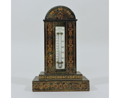 A 19th century Tunbridgeware desk thermometer, inscribed Barton, 17cm tall