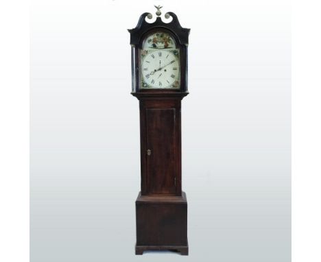 A late George III oak cased longcase clock, with an arched painted dial, the twin train movement with an anchor escapement st