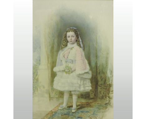 W. F. Hayes, 19th century, portrait of a young girl standing in an interior, signed and dated 1876, oil on porcelain, 37 x 26