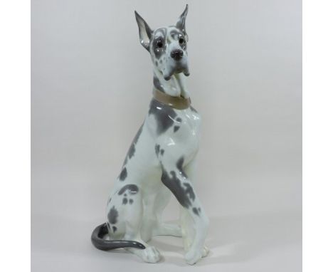 A large Lladro porcelain model of a seated Great Dane, printed marks and impressed 6558 to base, 45cm tall