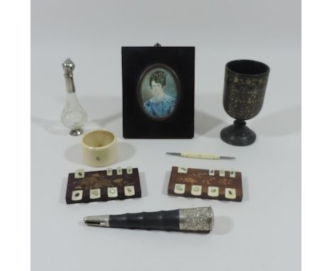 English School, 19th century, miniature portrait of a lady, together with a silver mounted scent bottle, a pair of Shibayama 
