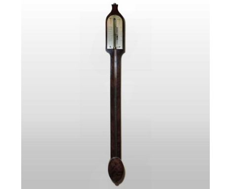 An 18th century mahogany and chevron strung stick barometer, the silvered dial inscribed barometrum, with an exposed tube and