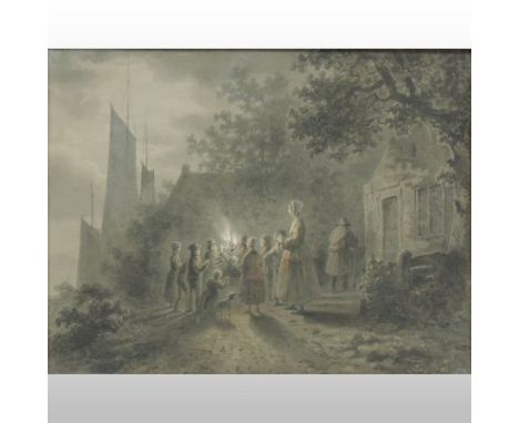 Theodoor Soeterik, Dutch, 1810-1883, night time garden scene with children, signed watercolour, 25 x 32cm