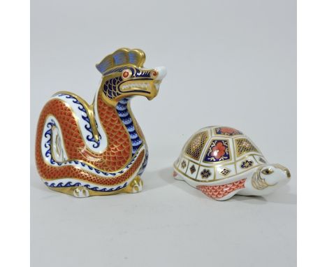 A Royal Crown Derby porcelain model of a dragon, 12cm tall, with printed marks and gold stopper, together with a Royal Crown 