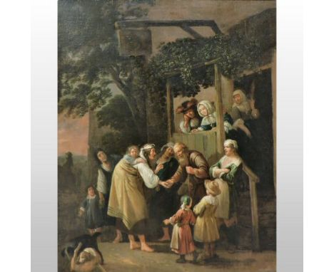 Continental School, 19th century, a group portrait of figures on a Tavern porch, oil on canvas, 73 x 61cm