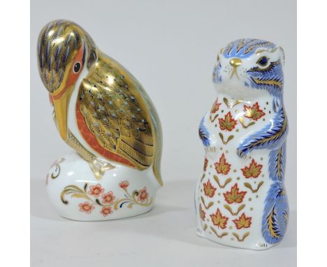 A Royal Crown Derby porcelain model of a bird, 12cm tall, together with another of a squirrel, both with gold stoppers