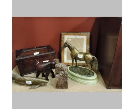 A late Regency rosewood tea caddy, together with a Harrods frame, a brass horse, a bronzed carp and a soapstone seal etc