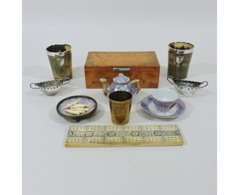A pair of Victorian horn mounted beakers, together with salts, a yew wood box and cribbage etc