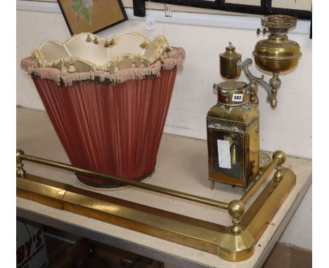 A Colza oil lamp, a brass fire kerb and a brass hand-lamp