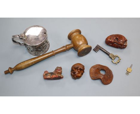 Two carvings, a netsuke and gavel, etc.