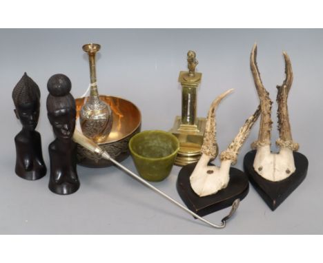 A brass thermometer, a Cairo ware vase, two ebony busts, pair of mounted horns etc.