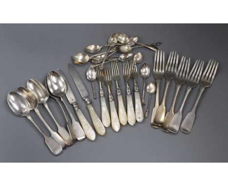 A small quantity of 19th century and later silver flatware including table forks, dessert eaters and small spoons.