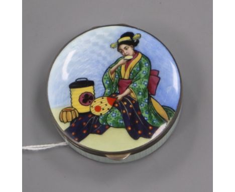 An early-mid 20th century 935 white metal and guilloche enamel circular box and cover, decorate with a Japanese lady drinking