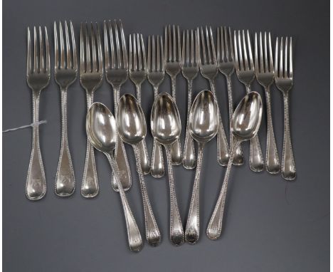 Eighteen items of 18th and 19th century silver Old English beaded pattern flatware, various dates and makers, 23.5 oz.