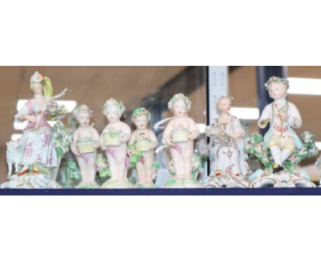 Seven Derby porcelain figures, late 18th century, including three seated figures and four cherubs, patch marks, H. 11-14 cm