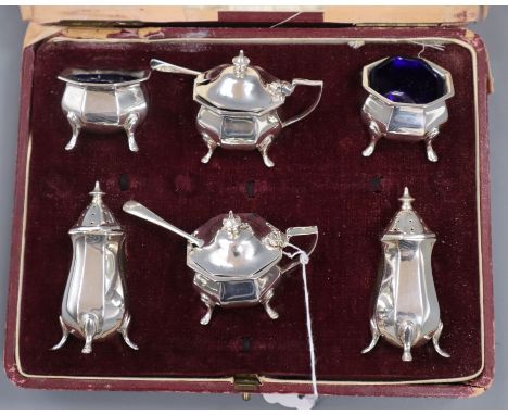 A 1920's cased six piece silver condiment set by Alexander Clark &amp; Co Ltd, Birmingham.