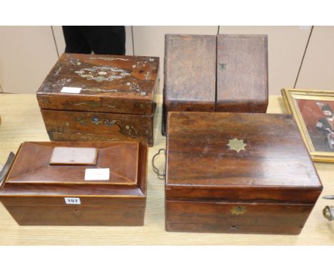 A partridge wood tea caddy, two 19th century sewing boxes and a stationery box
