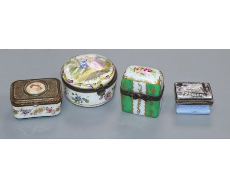 A Bilston enamel patch box, a scent bottle box and two others