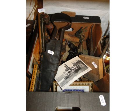 Thermometer, carved African figures, snips, framed Rhodesian banknote, etc.
