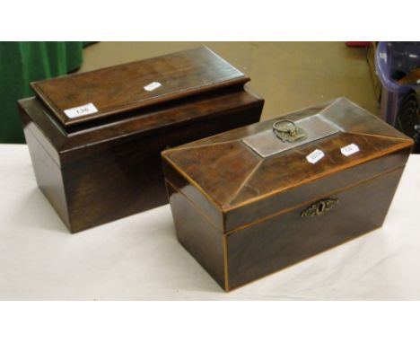 19th century rosewood tea caddy with fitted interior, and another with brass handle.