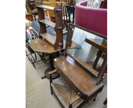 A 19th century rosewood occasional table, swing toilet mirror, rush seat ladderback chair & a shelf