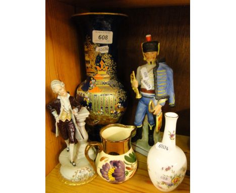 A Carltonware vase with enamelled and gilded chinoiserie decoration, 2 figures, etc.