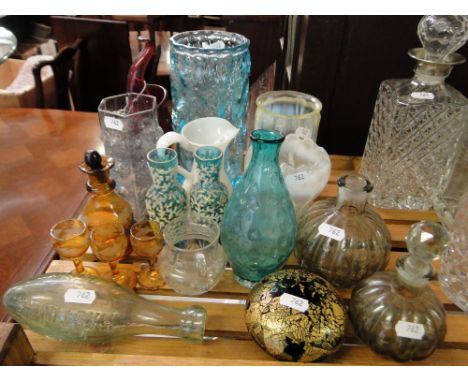 A pair of glass vases with coral decoration, a Vaseline glass light shade and another, paperweight, etc.