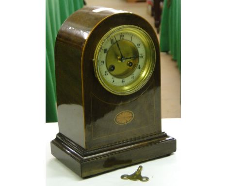 Edwardian dome top mahogany mantel clock with inlaid decoration and 2-train movement.