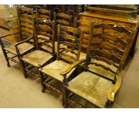 A good set of 8 oak ladder back and rush seated dining chairs, (6+2).