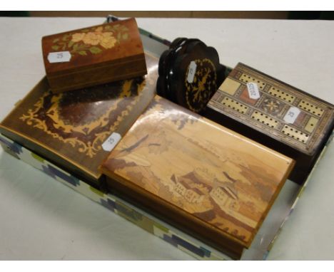 3 Inlaid boxes, a cribbage board, etc.