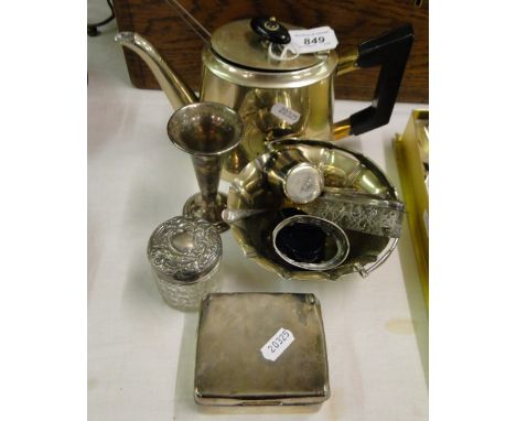 Silver cigarette box, silver topped toilet jars, silver salt, plated teapot & cutlery