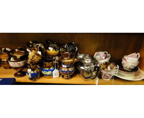 Copper lustre jugs, teapot, Sutherland lustre teaware, etc.