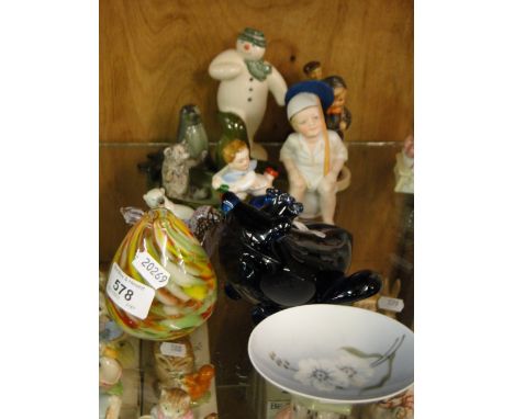 Various figures, Hummel figure, Wade, etc., and a Copenhagen dish.