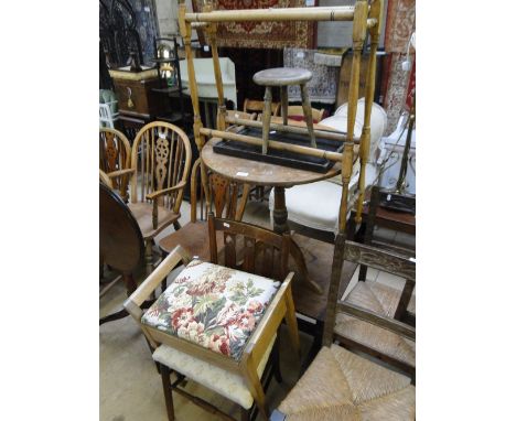 Piano stool, Arts & Crafts chair, towel rail, tripod table etc