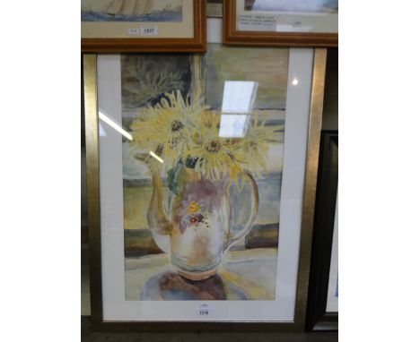 Kate Douglas,watercolour, still life chrysanthemums in a teapot, 26" x 16", framed.
