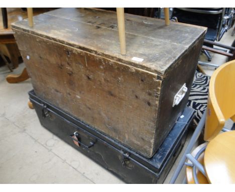 Victorian pine box & a metal trunk