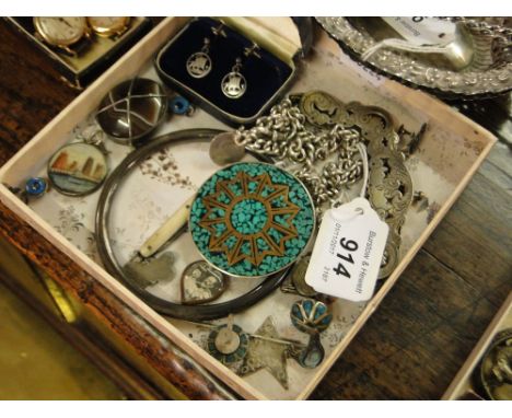 A silver albert, silver earrings, enamel jewellery, etc
