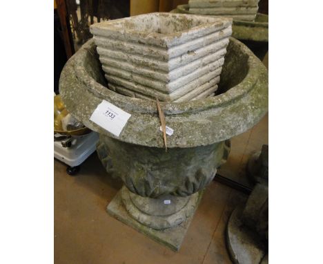 A weathered concrete 2-section garden urn and a square planter.