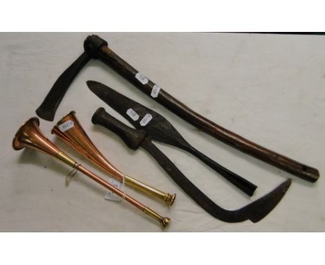 2 Brass and copper horns, a small axe, etc.