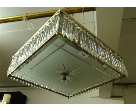 A square glass ceiling light with frosted shade and lustre drops.