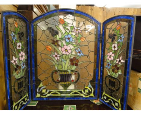 A 3 section stained lead light glass fire screen