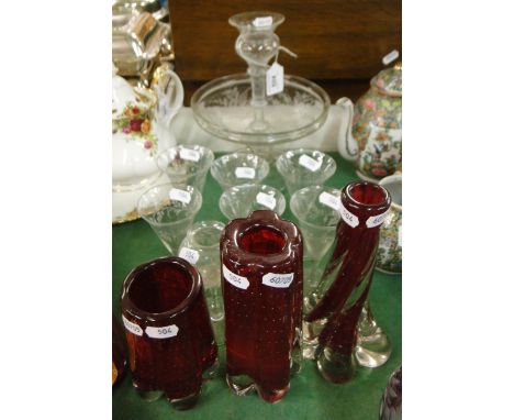 Etched glass epergne and 6 glasses, ruby glass vases.