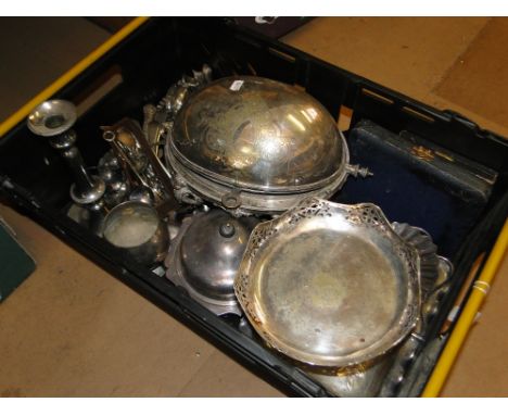 Plated rollover bacon dish, cased cutlery, candlestick etc